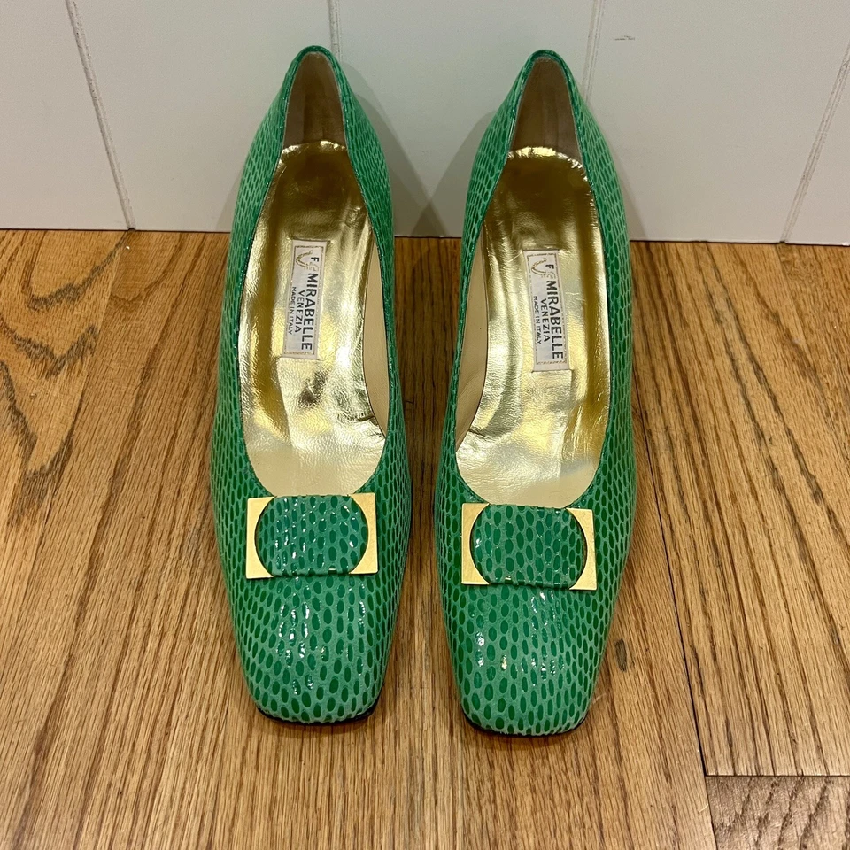 Vtg Italian Green Heels Venezia Designer 80s 7.5 Animal Skin Made In Italy Gold - Image 2 of 4