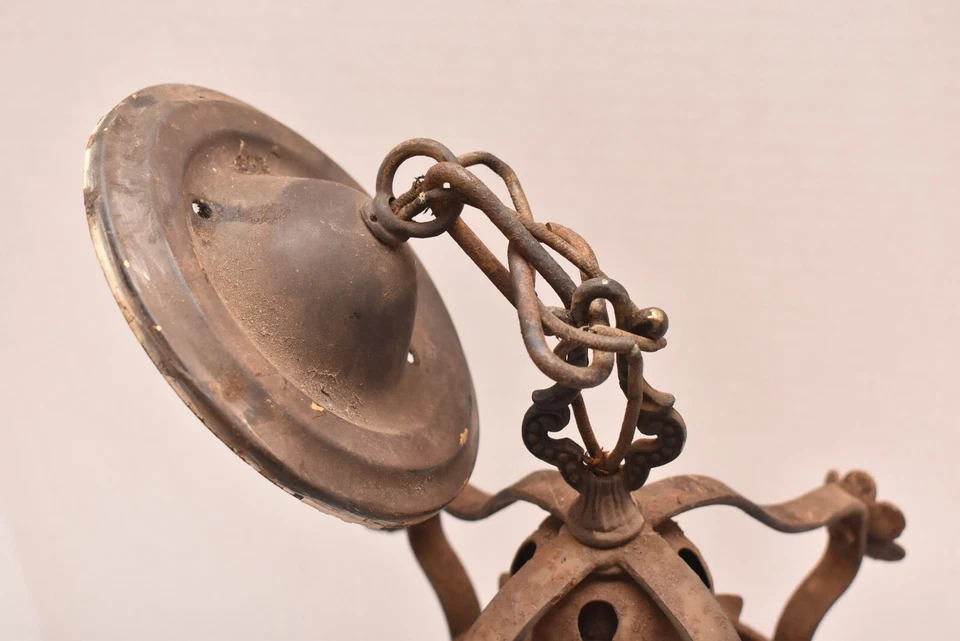 ATQ ART DECO SPANISH VTG Amber Crackle GLASS SHADE PENDANT CEILING LIGHT FIXTURE - Image 4 of 4