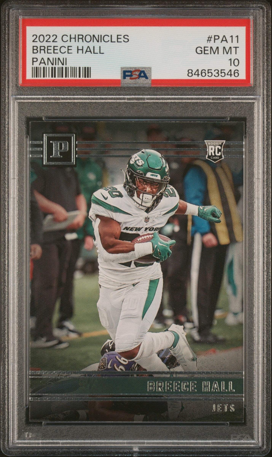 Graded 2022 Panini Chronicles Breece Hall #PA11 Panini RC Football Card PSA 10