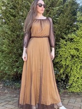 Vintage 1970s Maxi Dress Brown Polka Dot Long Dress with Sheer Sleeves Size 14