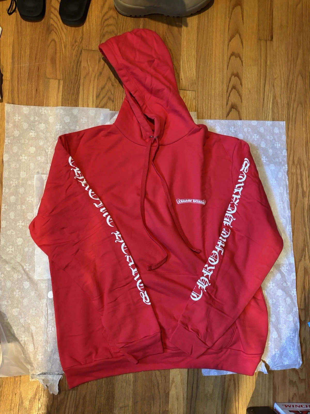 Felpa con cappuccio Chrome Hearts Script Logo Rosso Bianco Xs Extra Small Nuova