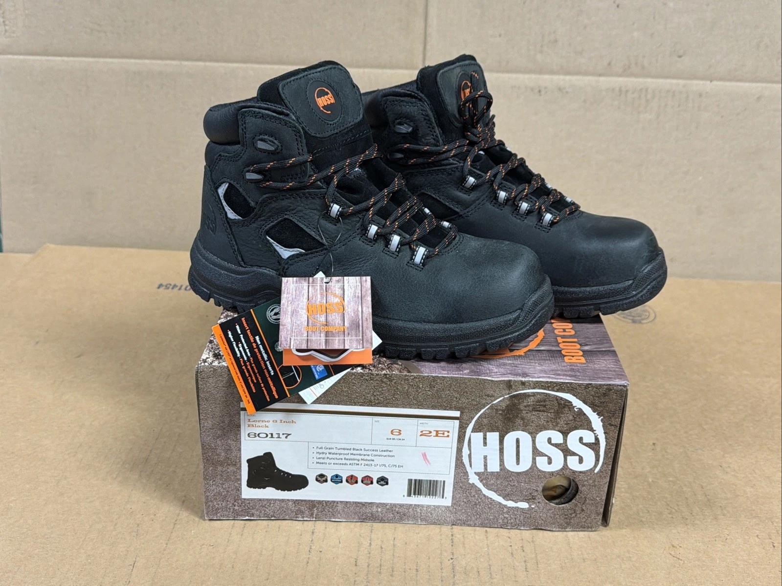 HOSS Mens Lorne Black 6" Waterproof Composite Toe Work Hiking Boots SZ 6 2E
