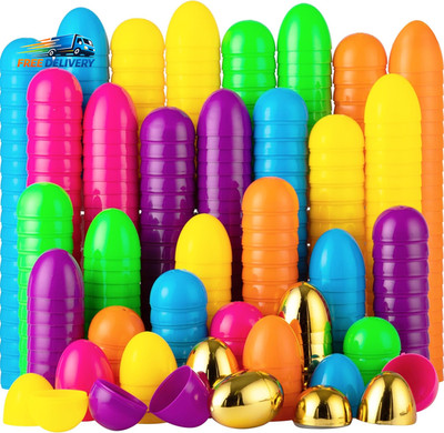 50PCS Plastic Easter Eggs, Empty 2.3'' 44PCS Colorful with 6PCS Golden Eggs Bulk 