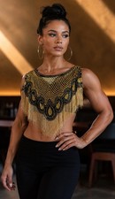 Art Deco Gold  Black Beaded Fringe Capelet Shawl One Size NWT Gatsby Sequin
