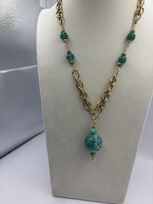 Gold Tone Green Glass Beaded Necklace Hand Made Necklace Made By Me