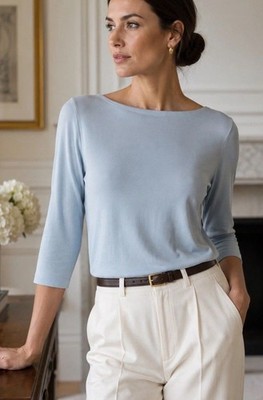Liz Claiborne Collection 100% Silk Knit Top Ice Blue 3/4 Sleeve Women s L