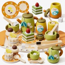 Wooden Tea Set for Toddlers, Pretend Play Tea Party Toys Age 3-5 Kids Girls ...