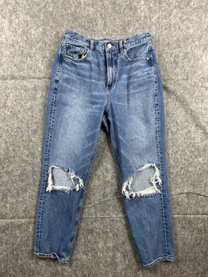 American Eagle Womens Highest Rise Mom Jeans Med Wash Distressed Size 8 Regular