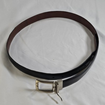 George Men's Black Brown Faux-Leather Feather Edge Stitch Dress Belt Preowned