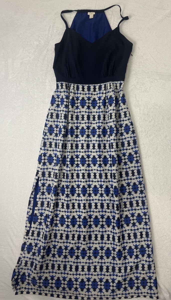 J CREW FACTORY Navy Blue MAXI DRESS WITH PRINTED SKIRT Sz 4 Side Slit | eBay