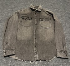 Allsaints Men s XS/S Black Denim Snap Button Shacket Trucker Distressed Frayed