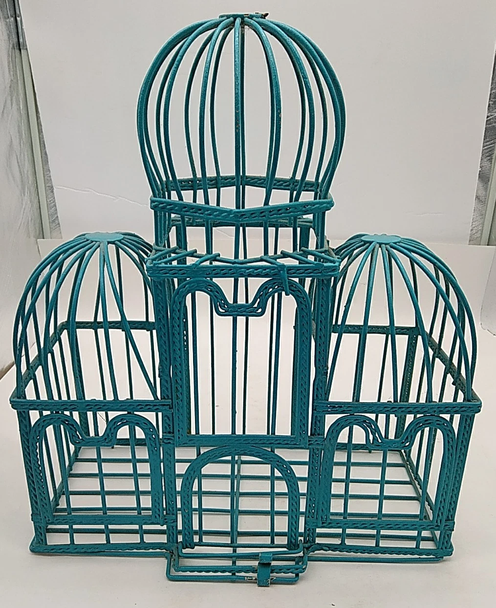 Vintage Birdcage Triple Domed Cathedral Ornate Wrought Iron Aqua Blue Metal RARE