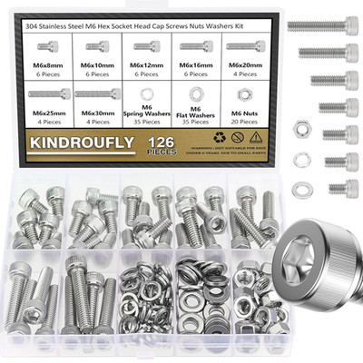 Kit tornillos tuercas arandelas M6 inox 304 surtido 126 piezas rosca fina