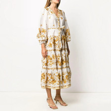 Zimmermann Amelie Dress Size 0 (8 AU/UK, US 4) Linen Floral Midi Long Sleeve