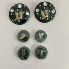 Vintage Set of 4 Country Western Button Covers & Earring Silver Blue Pearlescent