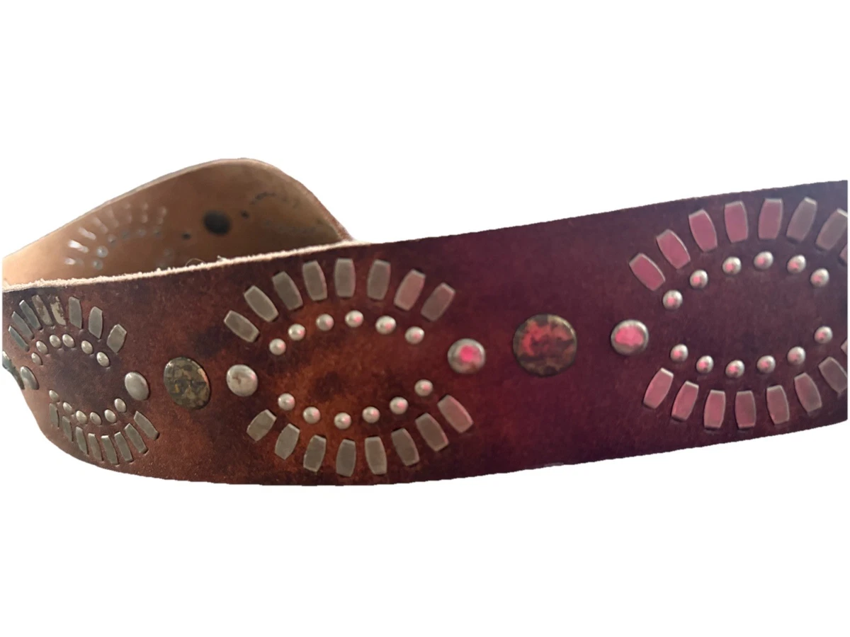 Hollister Brown Leather Western Studded Belt Brass O-Ring Embossed Floral Boho Artisan Handcrafted Western Floral Embossed Leather Belt  main image 3