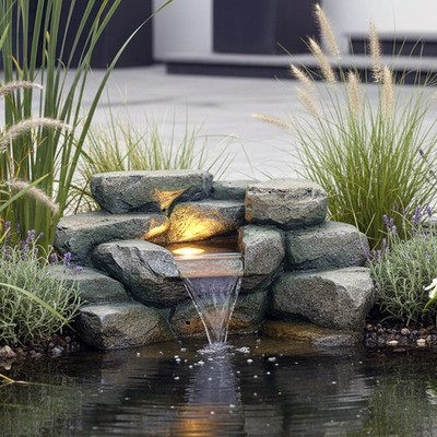 Wasserfall für Teich Brunnen Teichdekoration Felsen Wasserspiel mit LED 48 cm