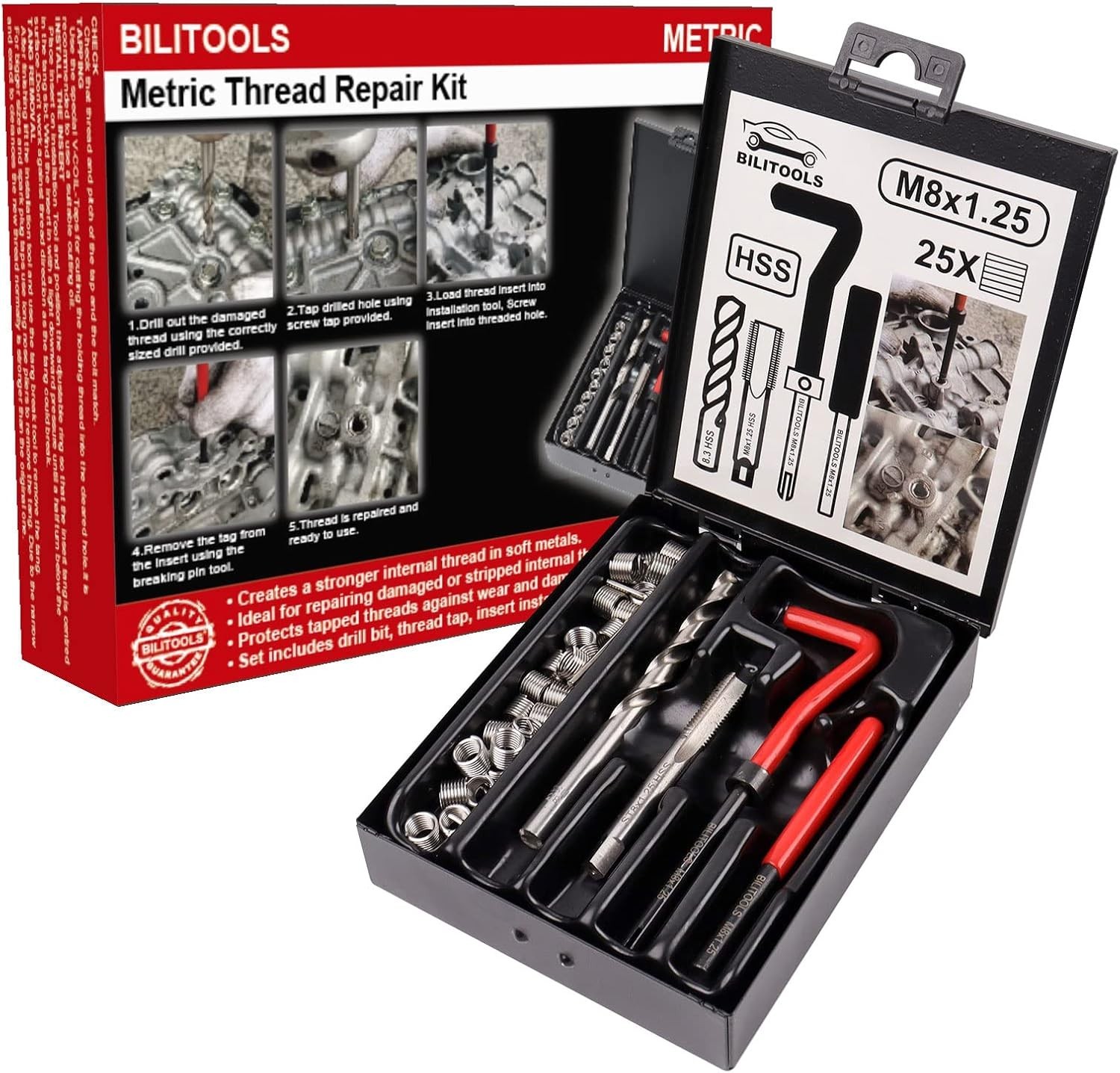 M8X1.25 Thread Repair Kit, HSS Drill Helicoil Repair Kit Metric