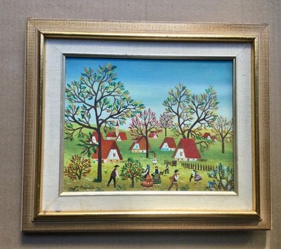 Primitive Hungarian  -  Hungary Village Painting by A. Kowalski (1926- ?)