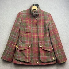 JOULES Field Coat Women UK 10 Red Jacket Tweed Wool Country Plaid Tartan Check