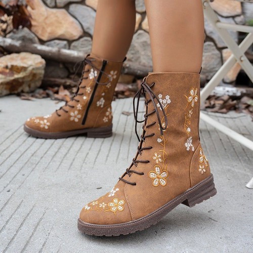 Women's Ladies Boots Shoes Retro Rose Embroidery Lace Up FLAT SIZE Cowgirl Shoes - Picture 18 of 25