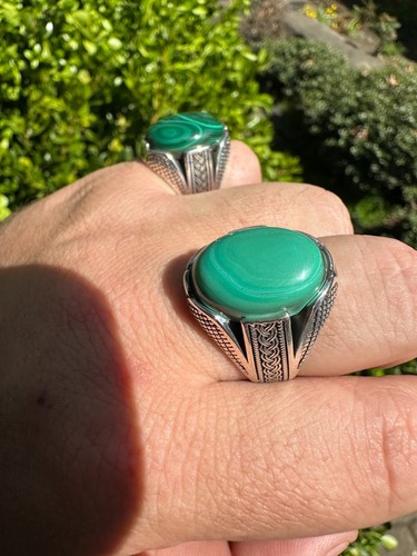 Large Green Malachite Gemstone Mens Real Solid 925 Sterling Silver Signet Ring - Picture 16 of 23