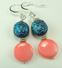 Orange  Mother of Pearl Earrings Blue Lions Handmade Safari Jewelry