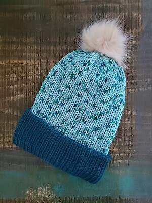 Knit Winter Beanie Pom Pom Hat Cap TEAL AND AQUA Green
