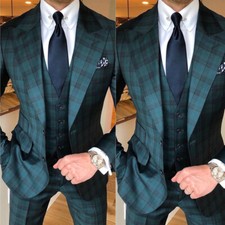 Green Check Men's Suits Wedding Peak Lapel Business 3 Pcs British Style Slim Fit