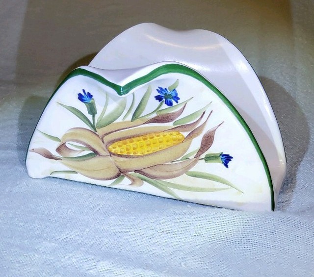 Italian Ceramiche Fabbro Ceramic Napkin Holder Hand Painted Corn Blue