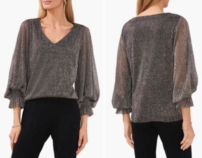 MSK Women Metallic V-Neck Smocked-Cuff Top NWT S