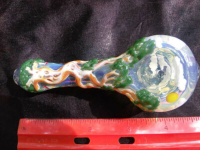 Glass Pipe Handblown Tree Nature Scene sun, clouds, tree, mushrooms Made in U.S