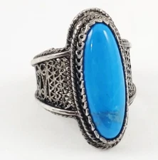 Vintage Gorgeous True Blue Turquoise DGS Turkey 925 Silver Filigree Ring Sz 5