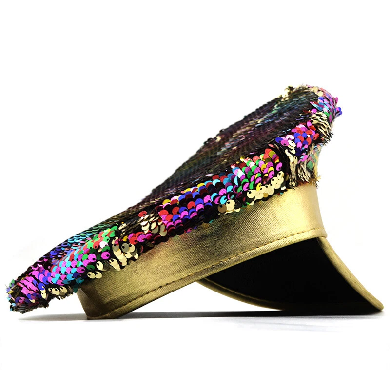 Hombres Multicolor Lentejuelas Capitán Soldado Sombrero Vestido Elegante Disfraz Militar Gorra Retro Foto 3 de 4