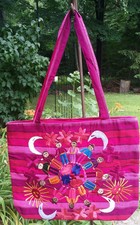 Maya Mexican Hand Embroidered Zipper Tote Bag Chiapas Rainbow People Moon Pink
