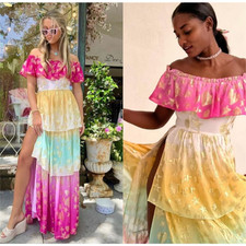 LoveShackFancy Multicolor Metallic Tiered Maxi Dress Pink Gold Stars NWT Size 4
