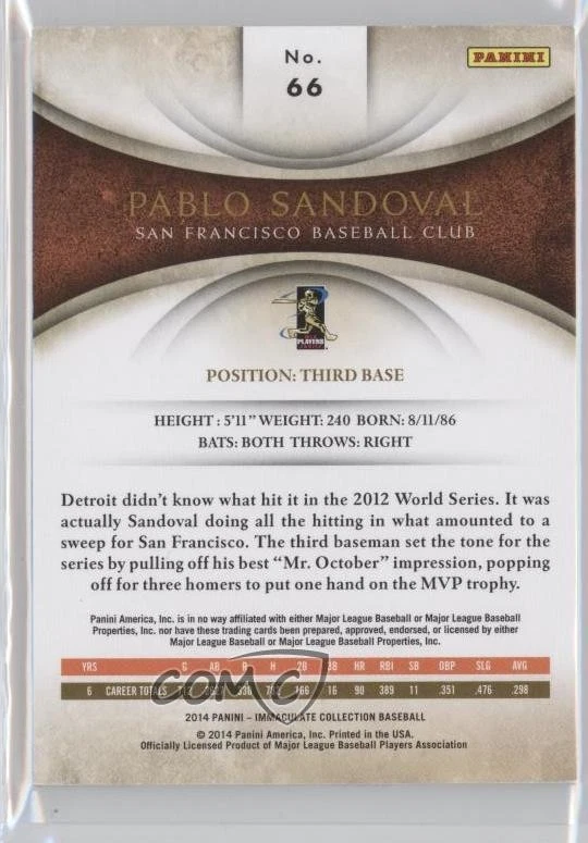 2014 Panini Immaculate /99 Pablo Sandoval #66 - Image 2 of 2