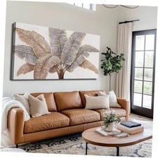 White and Gold Canvas Wall Decor Textured Wall Art Leaves Artwork 29"x58" Beige