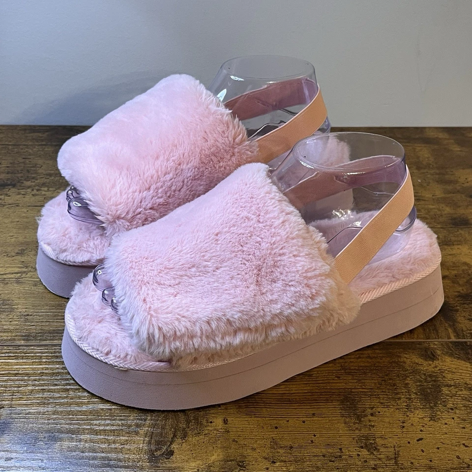 EUC Women’s Size 9 Pink Faux Fur Fuzzy Adjustable Slingback Slide Slippers Comfy - Image 2 of 4