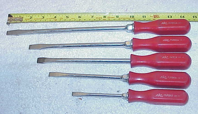 Vintage MAC Tools 5 pc Slotted Hard Handle Screwdriver Set Red USA PKR PNR PJR