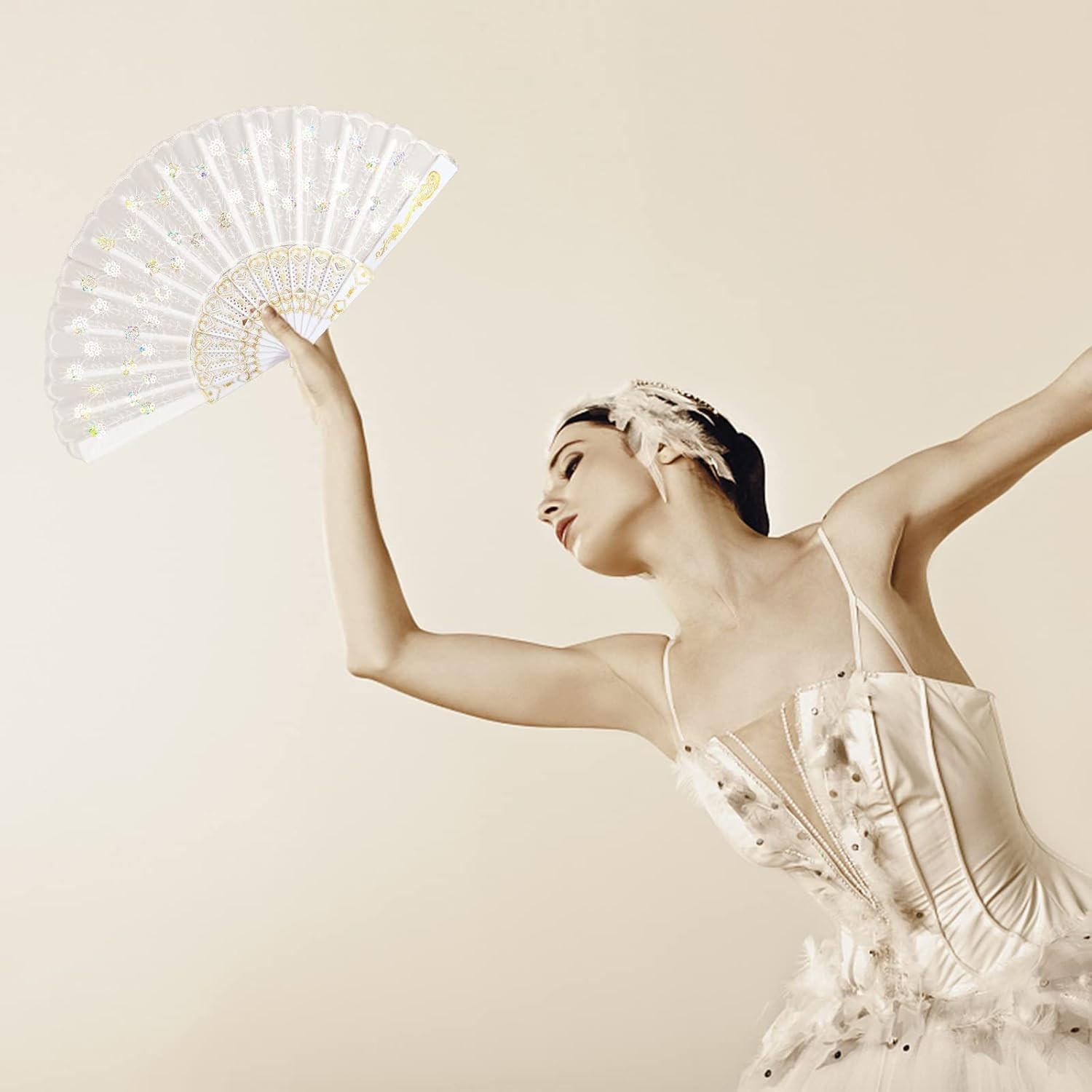 HKACSTHI 6 Packs White Spanish Floral Folding Hand Fan Women Lace 