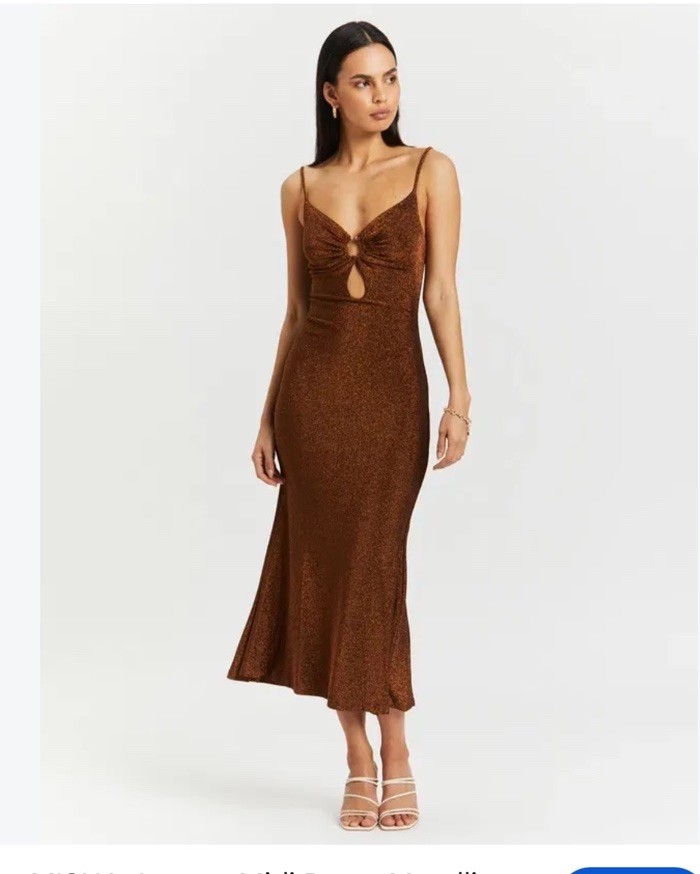 MISHA Josette Brown Metallic Knit Midi Slip Dress V-Neck Strappy Size 10