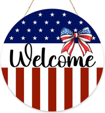 4Th of July Welcome Sign for Front Door,Bow Independence Day Wooden Sign Wall Ha