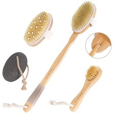 Dry Brushing Body Brush Set- Wooden Long Handle Body Brush Set with Pumice