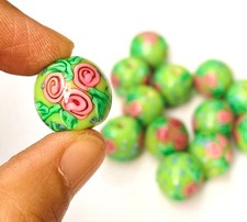 10pcs handmade Lampwork glass Beads flower round Pink rose on Green 14mm
