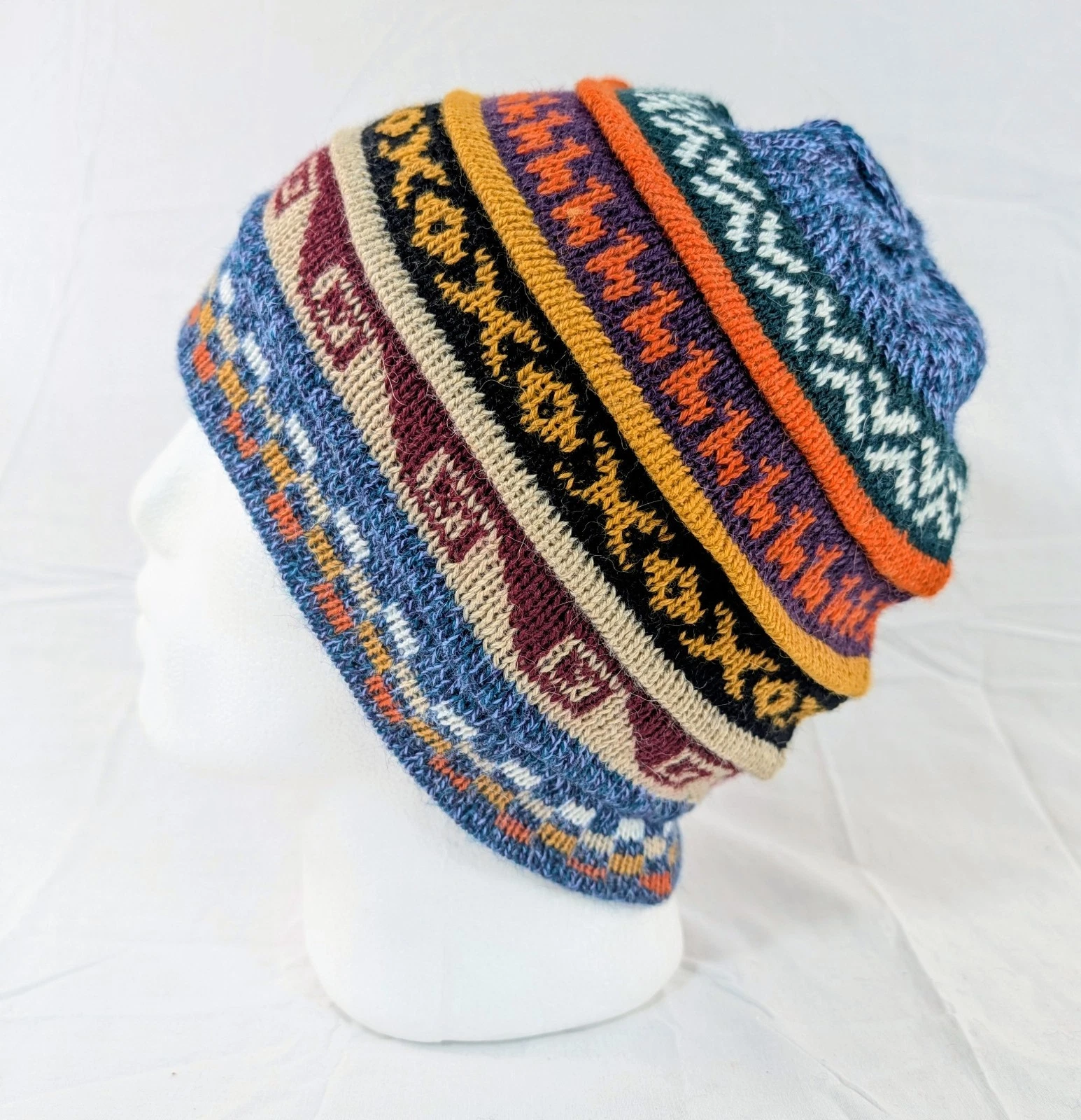 Soft Baby Alpaca Beanie Reversible Blue Purple Unisex Colorful Boho Llama Peru