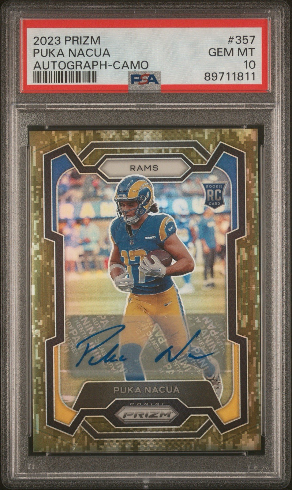 PUKA NACUA PSA 10 2023 PANINI PRIZM #357 CAMO ROOKIE AUTOGRAPH RC AUTO 04/25 💎