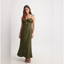 NA-KD Linen Blend Tie Straps Midi Dress- Olive Green