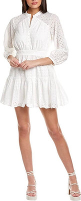LIKELY KYLIE White Eyelet Mini Dress 3/4 Puff Sleeve Band Collar Ruffle Size 8
