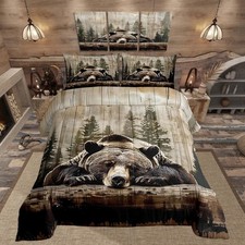 "Grizzly Bear Bedding Set Full Hunting Wild Animal Comforter Set Rustic Farmhous
